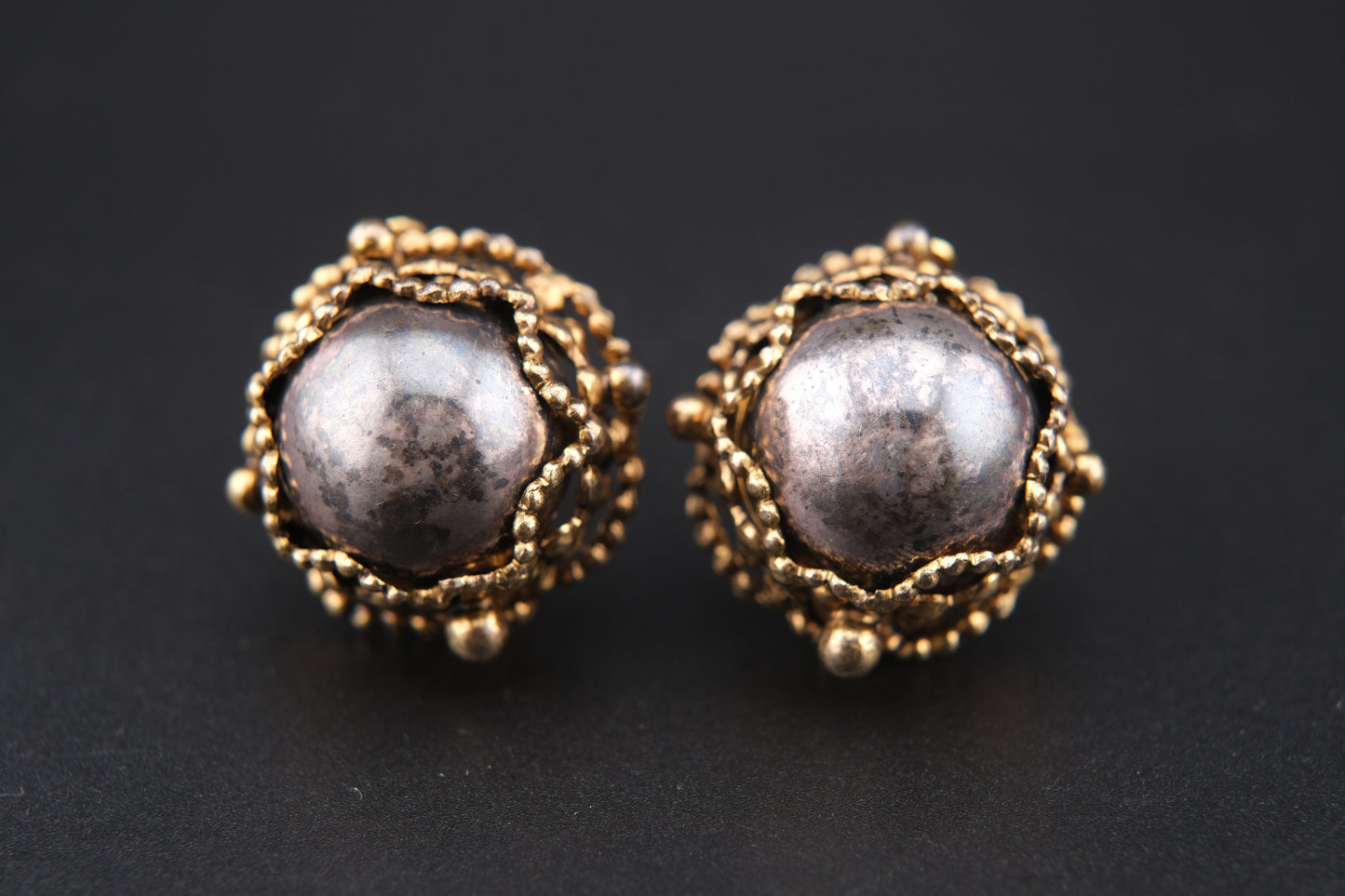 Vintage Poggi Paris Dome Clip-On Earrings – Ornate Gold Filigree with Dark Patina Cabochons