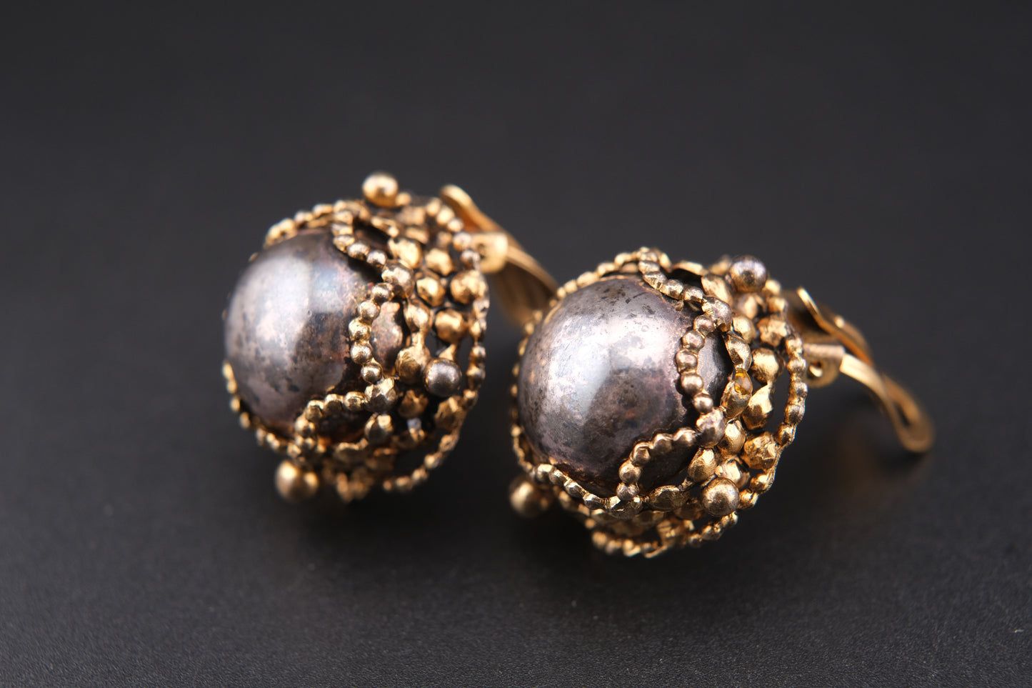 Vintage Poggi Paris Dome Clip-On Earrings – Ornate Gold Filigree with Dark Patina Cabochons
