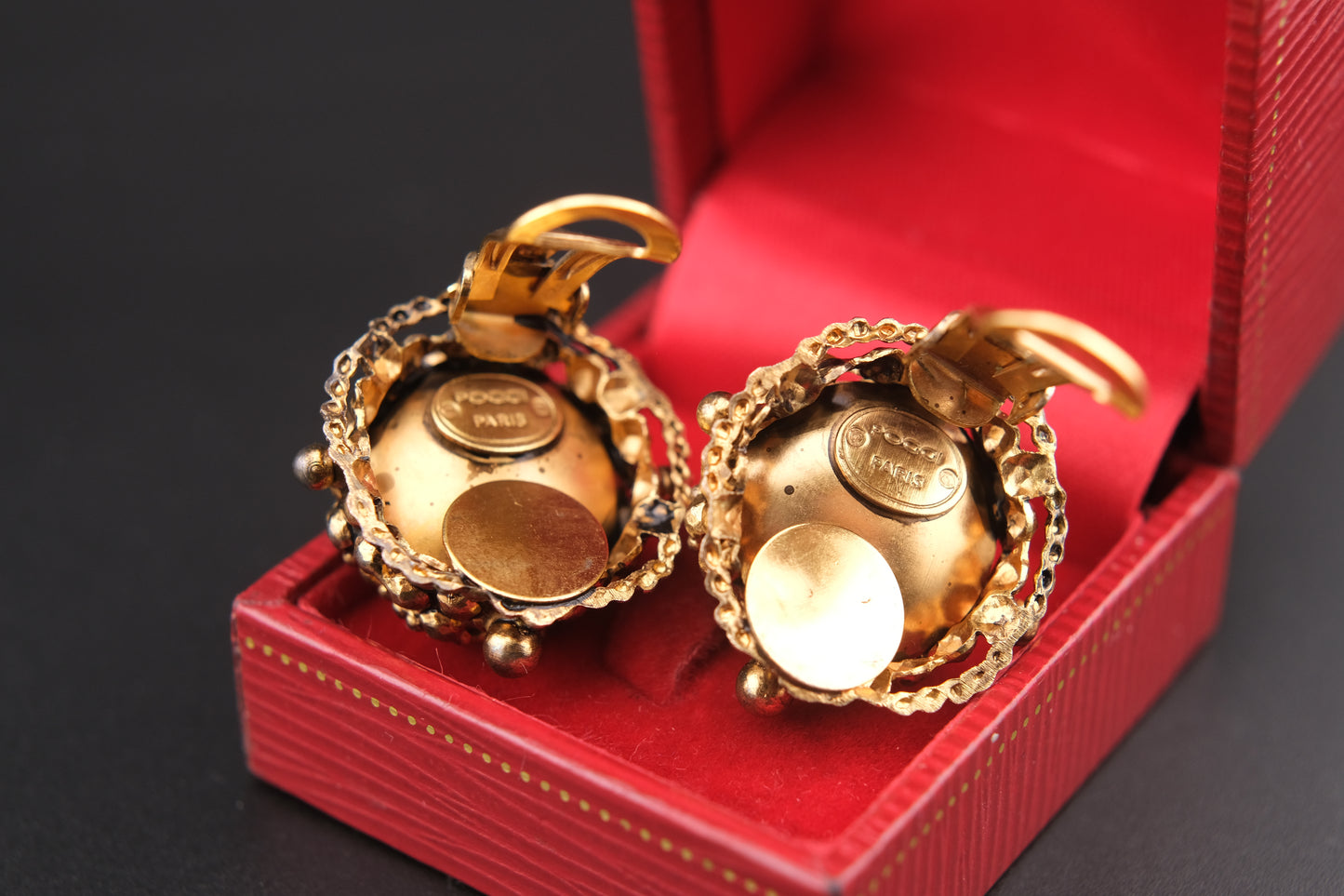 Vintage Poggi Paris Dome Clip-On Earrings – Ornate Gold Filigree with Dark Patina Cabochons