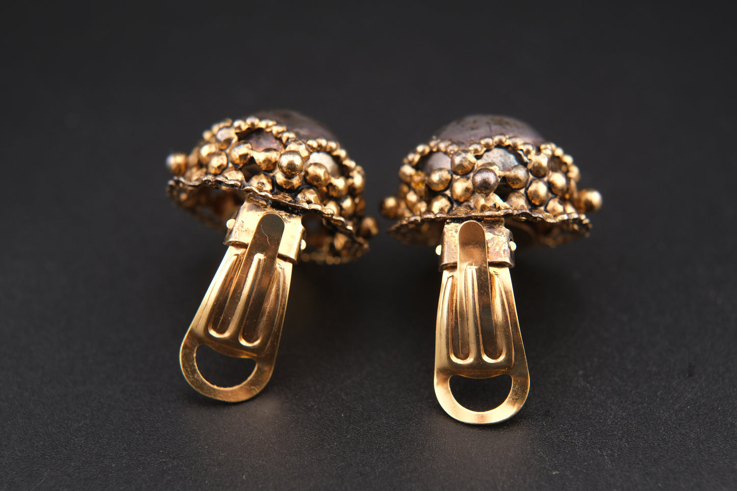 Vintage Poggi Paris Dome Clip-On Earrings – Ornate Gold Filigree with Dark Patina Cabochons