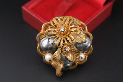 Vintage Stanley Hagler NYC Floral & Pearl Cluster Brooch – Gold-Tone Filigree with Baroque Beads & Rhinestones