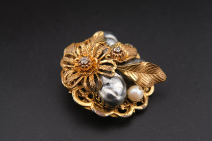 Vintage Stanley Hagler NYC Floral & Pearl Cluster Brooch – Gold-Tone Filigree with Baroque Beads & Rhinestones