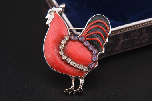 Vintage Rooster Brooch – Red Resin, Glass & Rhinestones – Silver-Tone Metal