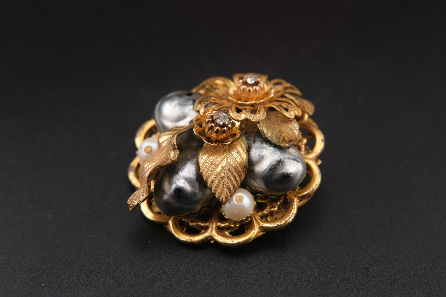 Vintage Stanley Hagler NYC Floral & Pearl Cluster Brooch – Gold-Tone Filigree with Baroque Beads & Rhinestones