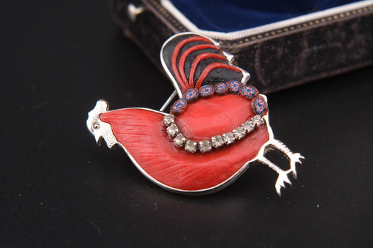 Vintage Rooster Brooch – Red Resin, Glass & Rhinestones – Silver-Tone Metal