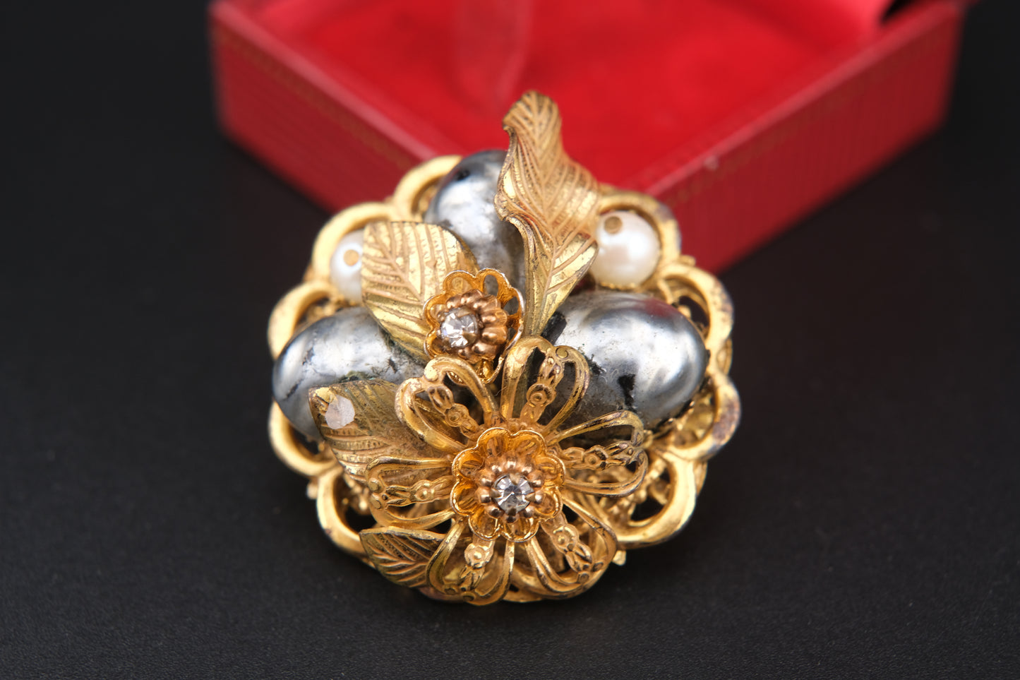 Vintage Stanley Hagler NYC Floral & Pearl Cluster Brooch – Gold-Tone Filigree with Baroque Beads & Rhinestones