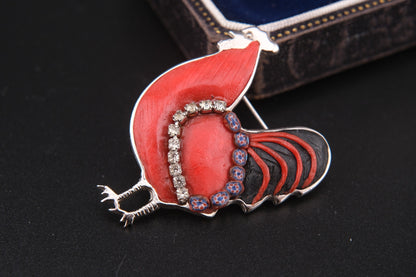 Vintage Rooster Brooch – Red Resin, Glass & Rhinestones – Silver-Tone Metal