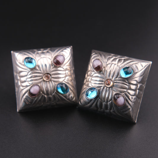 ❤️ Vintage M. Baer SF Silver Tone Floral Dome Clip-On Earrings with Multicolor Cabochon Stones
