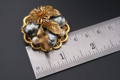 Vintage Stanley Hagler NYC Floral & Pearl Cluster Brooch – Gold-Tone Filigree with Baroque Beads & Rhinestones