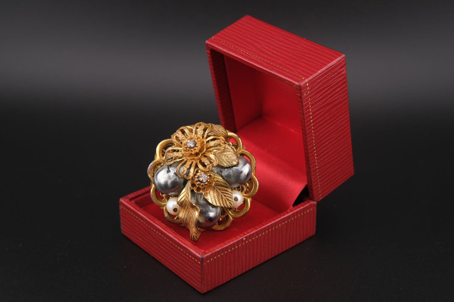 Vintage Stanley Hagler NYC Floral & Pearl Cluster Brooch – Gold-Tone Filigree with Baroque Beads & Rhinestones