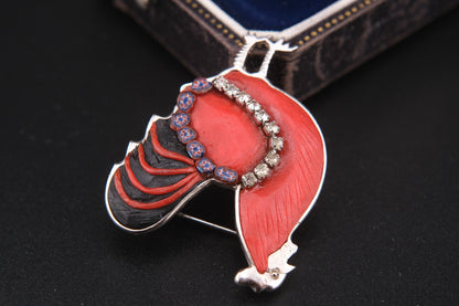 Vintage Rooster Brooch – Red Resin, Glass & Rhinestones – Silver-Tone Metal