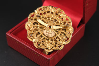 Vintage Stanley Hagler NYC Floral & Pearl Cluster Brooch – Gold-Tone Filigree with Baroque Beads & Rhinestones