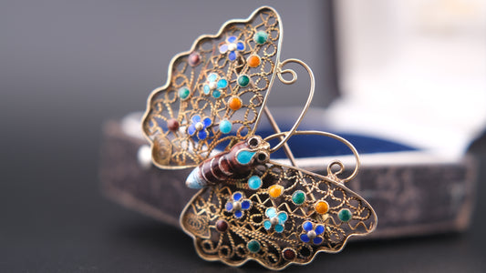 Vintage Sterling Silver Filigree Butterfly Brooch with Colorful Enamel Flowers | Marked 925