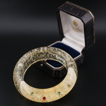 Vintage Lucite Bangle Bracelet with Rhinestones & Silver Foil Flecks
