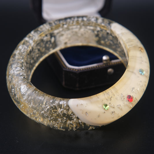 Vintage Lucite Bangle Bracelet with Rhinestones & Silver Foil Flecks