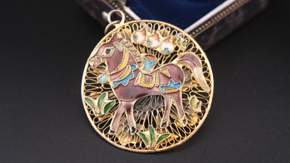 Vintage Double-Sided Cloisonné Pendant – Horse & Floral Motif in Gold Tone Filigree (Chain Excluded)