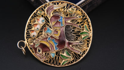 Vintage Double-Sided Cloisonné Pendant – Horse & Floral Motif in Gold Tone Filigree (Chain Excluded)