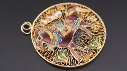 Vintage Double-Sided Cloisonné Pendant – Horse & Floral Motif in Gold Tone Filigree (Chain Excluded)