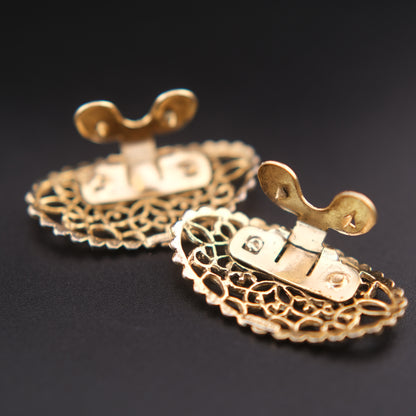 ❤️ Vintage Musi Shoe Clips Gold Tone Filigree Oval Lace Design Pair