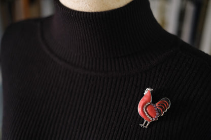 Vintage Rooster Brooch – Red Resin, Glass & Rhinestones – Silver-Tone Metal