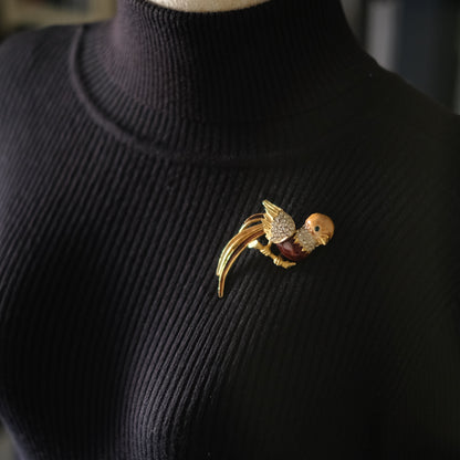 ❤️ Vintage Gold Tone Enamel Bird Brooch with Rhinestones, Multicolor Tail
