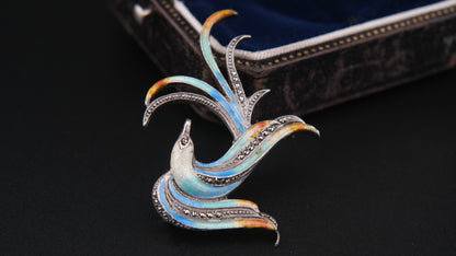 Enamel Bird Brooch – Sterling Silver with Marcasite Accents (GIT Verified 93% Silver)