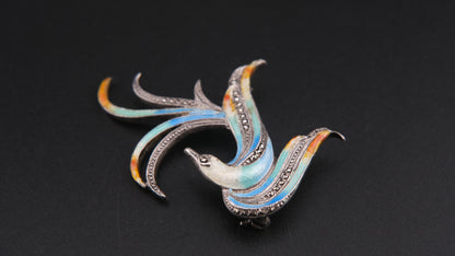 Enamel Bird Brooch – Sterling Silver with Marcasite Accents (GIT Verified 93% Silver)