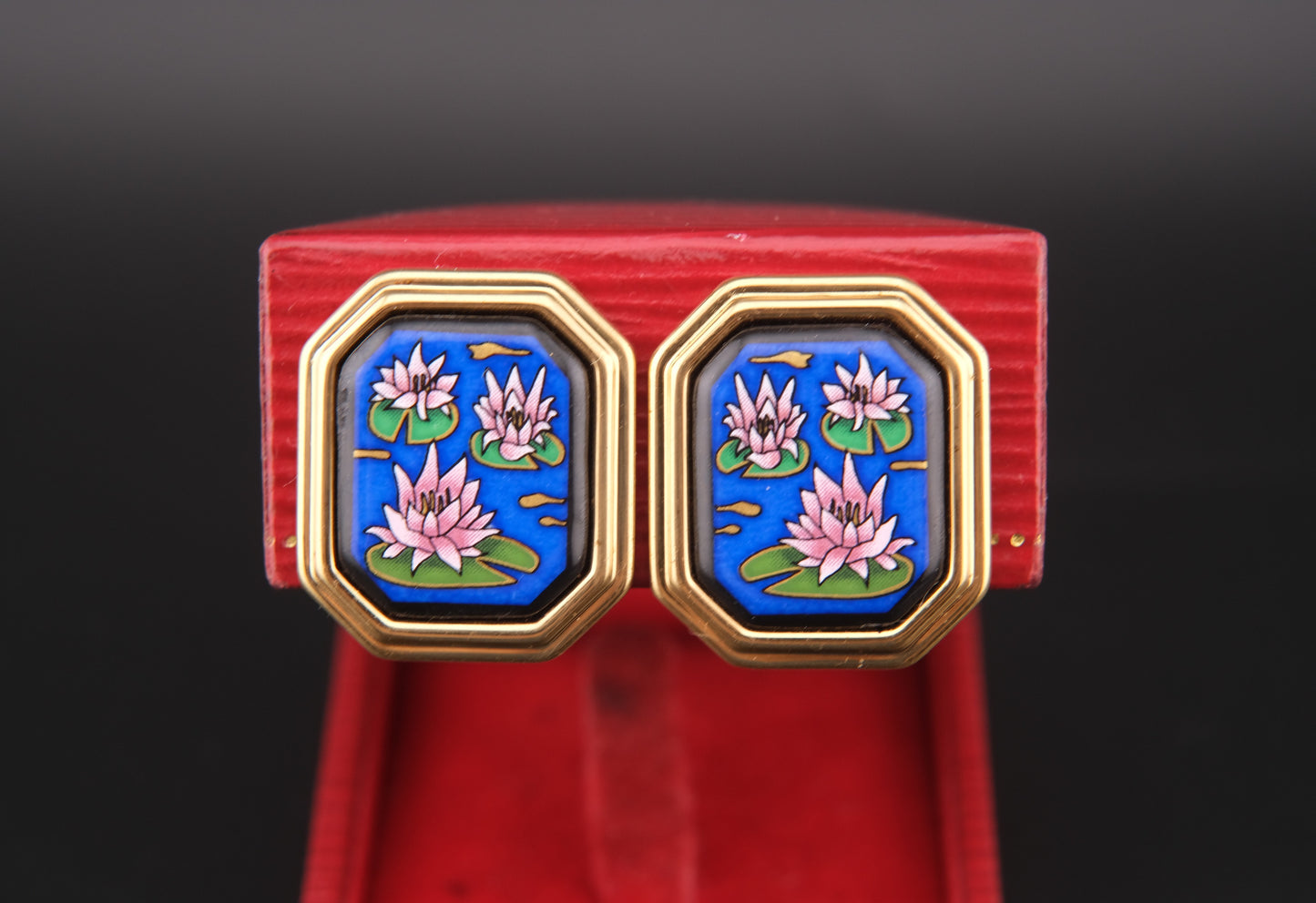 Vintage Michaela Frey Enamel Lotus Earrings – Gold-Tone Clip-On Statement Jewelry