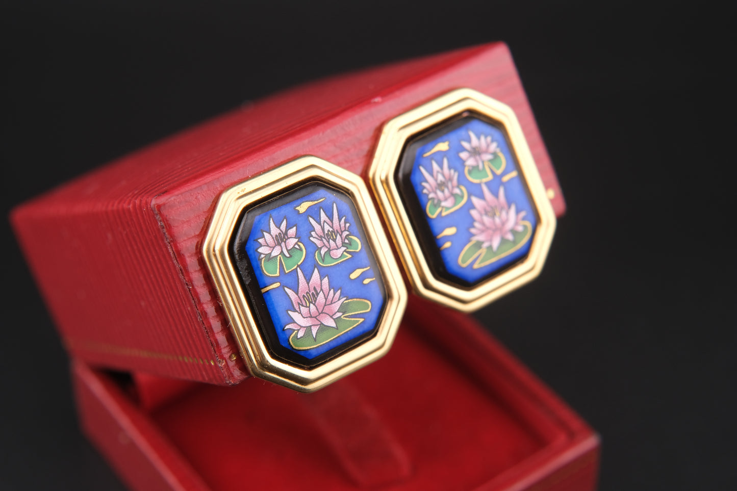 Vintage Michaela Frey Enamel Lotus Earrings – Gold-Tone Clip-On Statement Jewelry