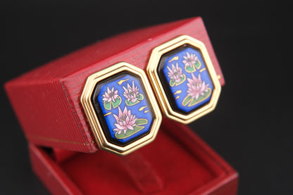 Vintage Michaela Frey Enamel Lotus Earrings – Gold-Tone Clip-On Statement Jewelry