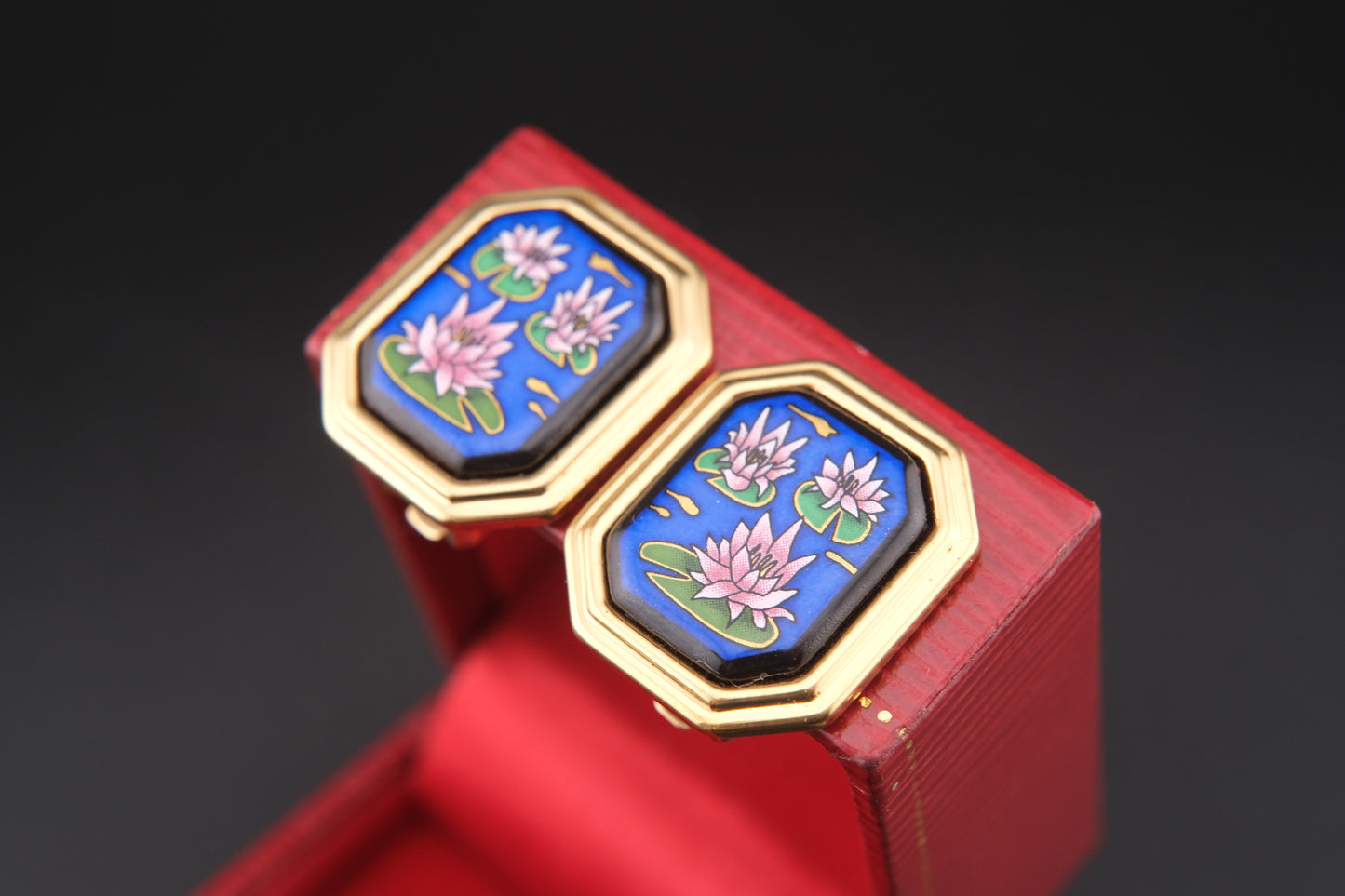 Vintage Michaela Frey Enamel Lotus Earrings – Gold-Tone Clip-On Statement Jewelry
