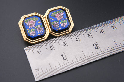 Vintage Michaela Frey Enamel Lotus Earrings – Gold-Tone Clip-On Statement Jewelry