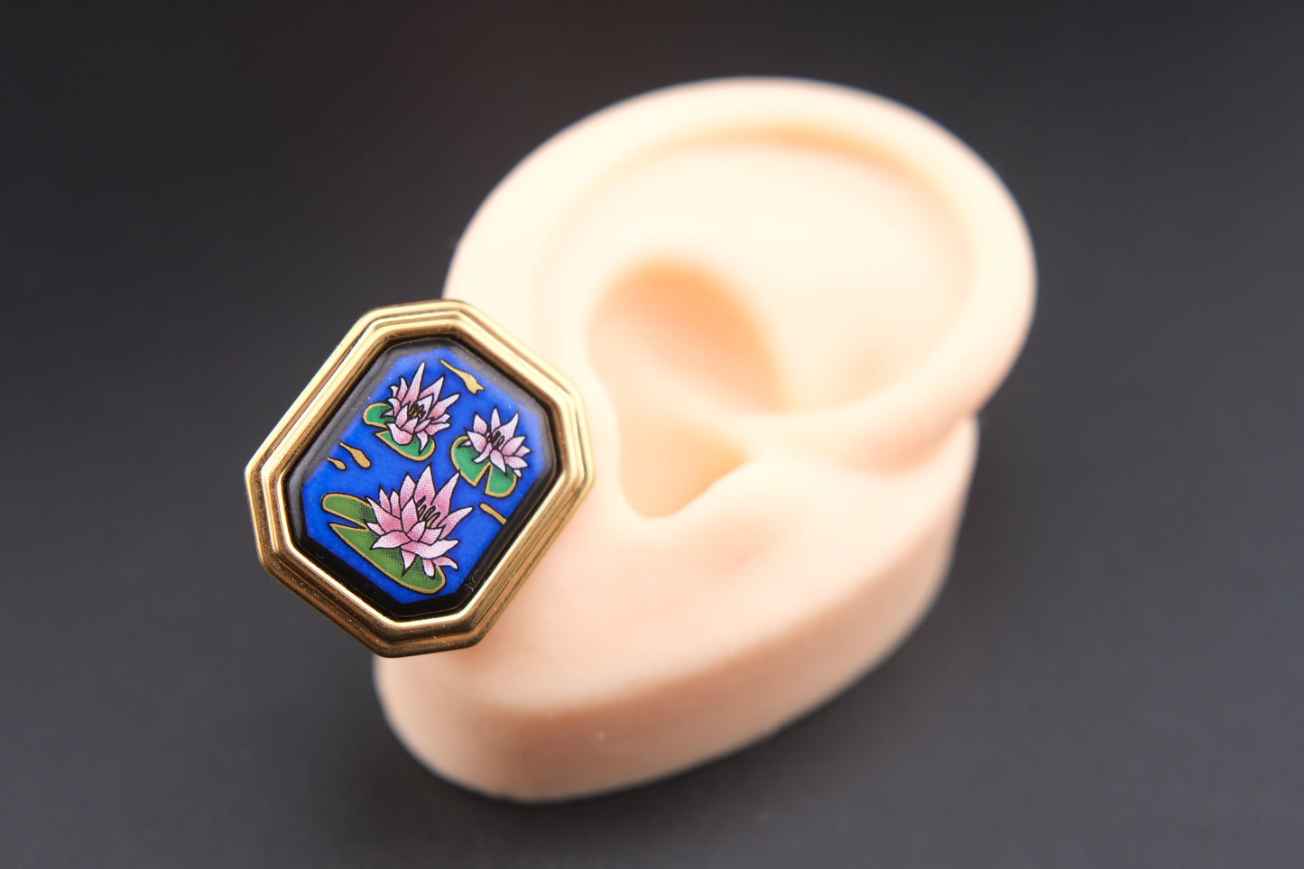 Vintage Michaela Frey Enamel Lotus Earrings – Gold-Tone Clip-On Statement Jewelry