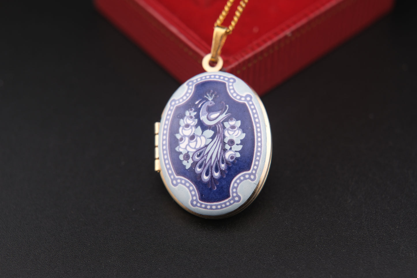 Vintage Michaela Frey Wien Enamel Peacock Locket Pendant Necklace – Blue & White Enamel, Gold Tone