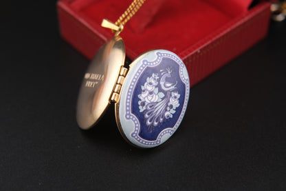 Vintage Michaela Frey Wien Enamel Peacock Locket Pendant Necklace – Blue & White Enamel, Gold Tone