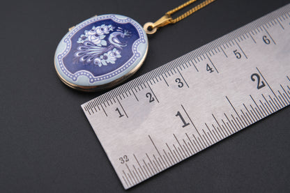 Vintage Michaela Frey Wien Enamel Peacock Locket Pendant Necklace – Blue & White Enamel, Gold Tone