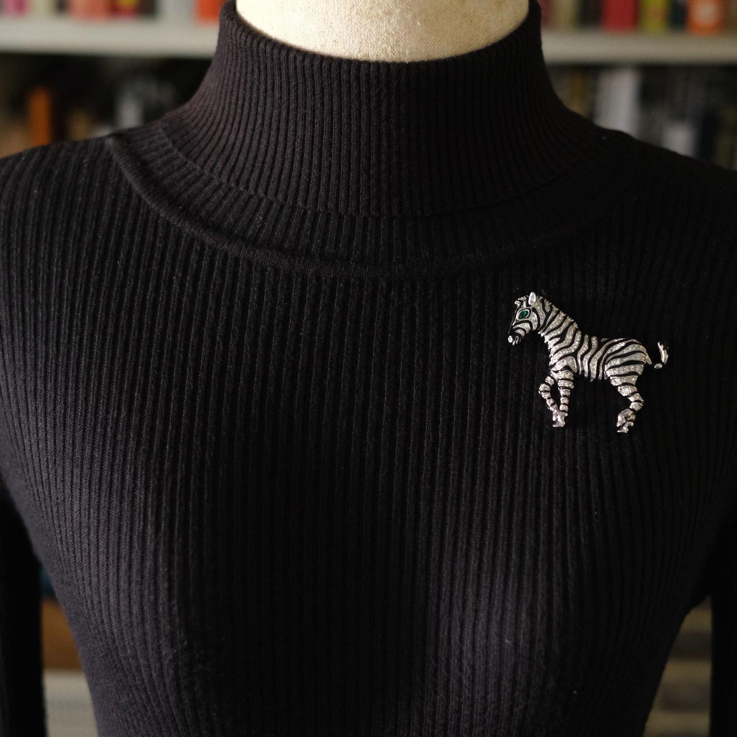 ❤️ Vintage Zebra Brooch Silver Tone with Black Enamel & Crystal Stripes