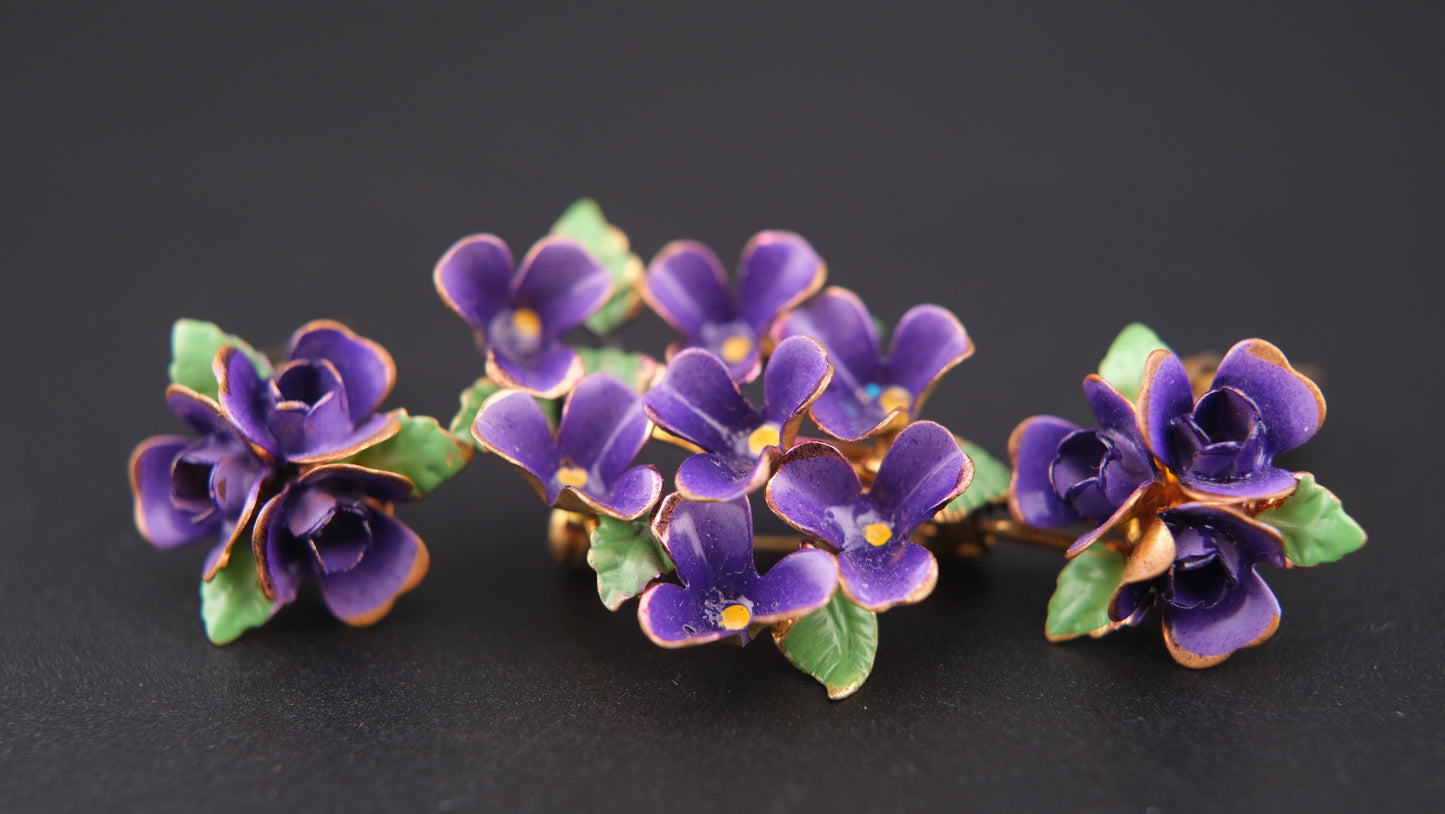 🌸 Vintage Purple Enamel Flower Brooch & Clip-On Earrings Set – Gold Tone