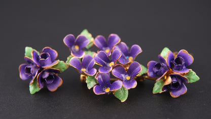 🌸 Vintage Purple Enamel Flower Brooch & Clip-On Earrings Set – Gold Tone