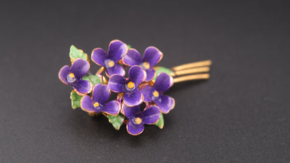 🌸 Vintage Purple Enamel Flower Brooch & Clip-On Earrings Set – Gold Tone