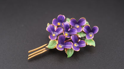 🌸 Vintage Purple Enamel Flower Brooch & Clip-On Earrings Set – Gold Tone