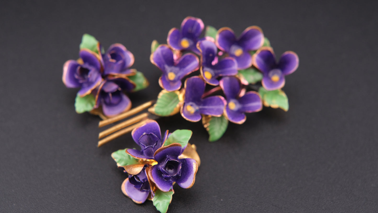 🌸 Vintage Purple Enamel Flower Brooch & Clip-On Earrings Set – Gold Tone