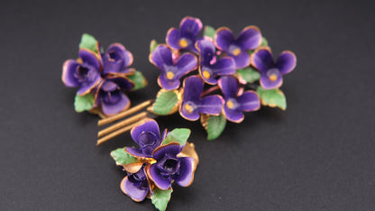 🌸 Vintage Purple Enamel Flower Brooch & Clip-On Earrings Set – Gold Tone