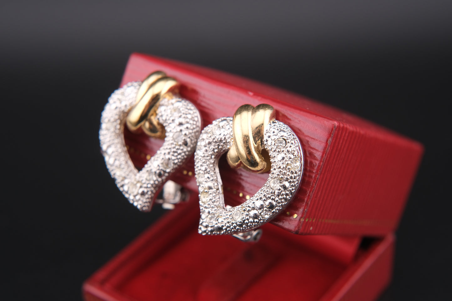 Vintage Grossé Heart Clip-On Earrings – Gold & Silver Tone with Crystal Accents | 1980s