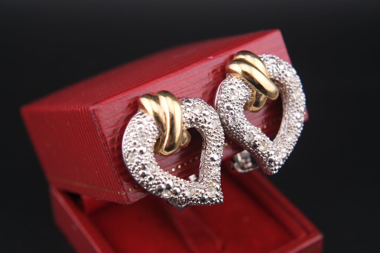 Vintage Grossé Heart Clip-On Earrings – Gold & Silver Tone with Crystal Accents | 1980s