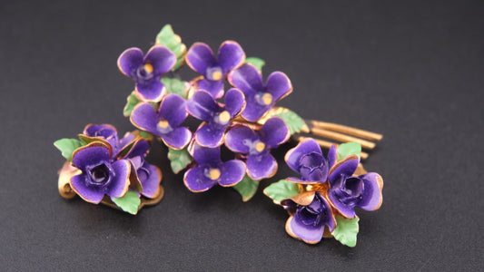 🌸 Vintage Purple Enamel Flower Brooch & Clip-On Earrings Set – Gold Tone