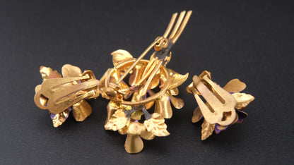 🌸 Vintage Purple Enamel Flower Brooch & Clip-On Earrings Set – Gold Tone