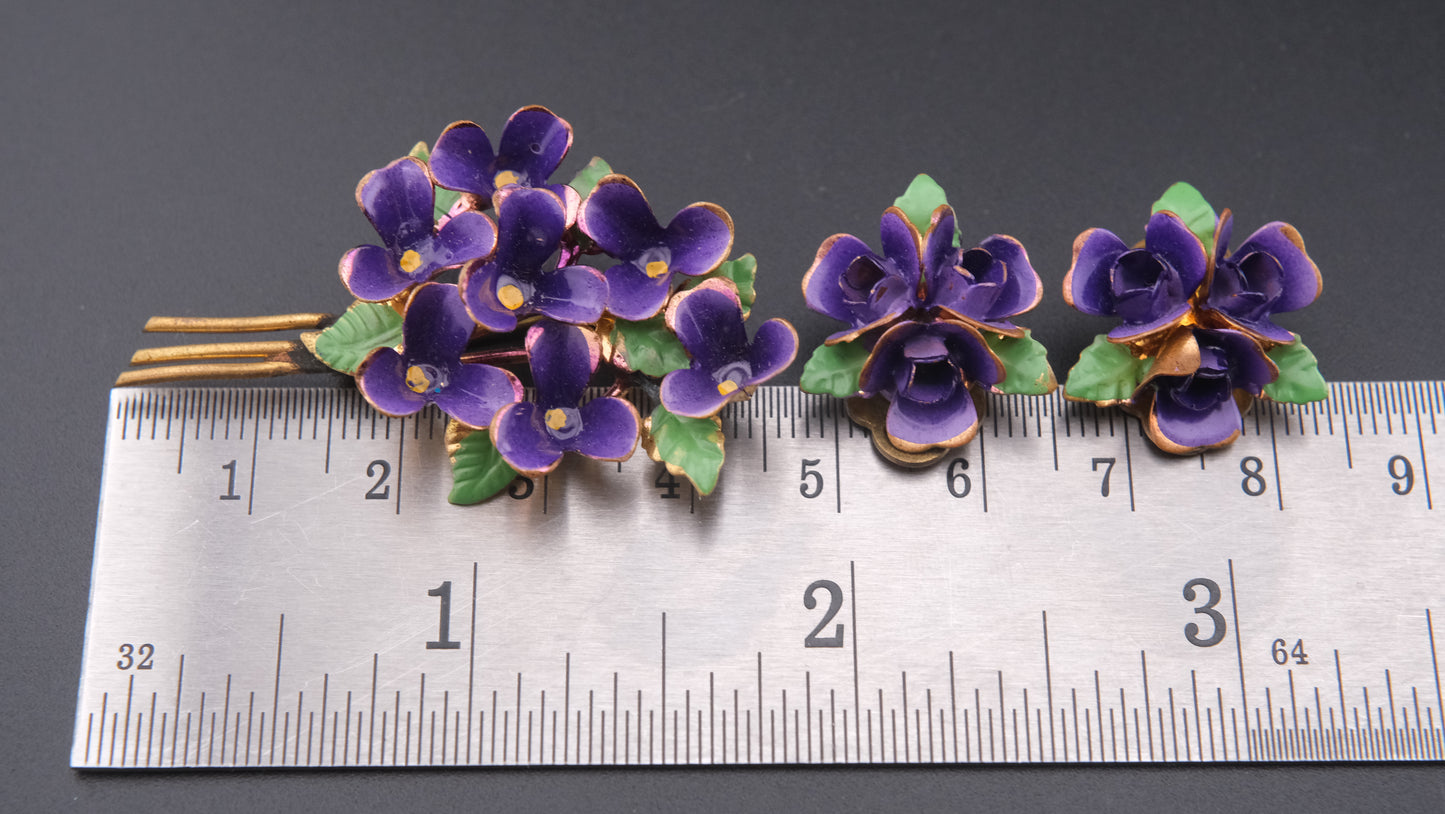 🌸 Vintage Purple Enamel Flower Brooch & Clip-On Earrings Set – Gold Tone
