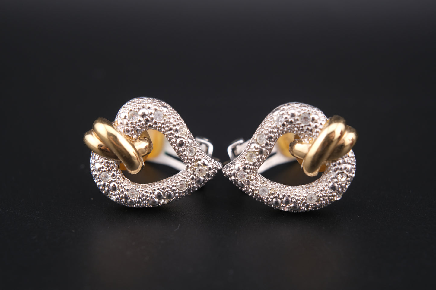Vintage Grossé Heart Clip-On Earrings – Gold & Silver Tone with Crystal Accents | 1980s