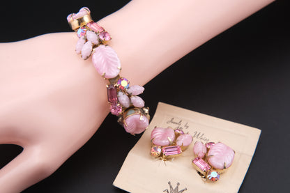 Vintage Weiss Bracelet & Earrings Set — Pink Art Glass & Aurora Borealis Rhinestones, 1950s